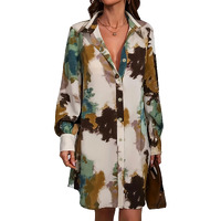 Shasmi Women's & Girl's Green And Brown Tie Dye Print Button Front Shirt Dress, Elegant Long Sleeve Dress For Spring & Fall, Womens Clothing Versatile For All Seasons (Shirt 201 Green Brown-S)