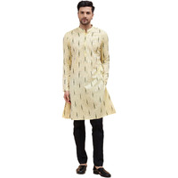 See Designs Cream & Black Cotton Regular Fit Mandarin Collar Printed Kurta Set Long Sleeves_Sdkt124002S