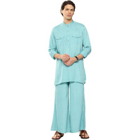 See Designs Men's Long Sleeve Curved Hem Mandarin Collar Turquoise Rayon Solid Pathani Sets - Sdkt654S