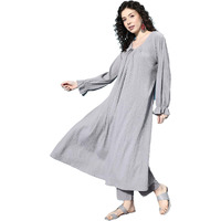 Varanga Women Grey Colour, Bishop Sleeve A-Line Kurta Paired With Tonal Bottom