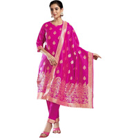 Sanisa Women's Silk Blend Jacquard Work Straight Kurta With Pant And Dupatta Set (217Kbd2294Na-S_Rani Pink & Golden1)