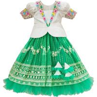 White Button New South Indian Traditional Collar Net Pattu Pavadai Lehenga Choli For Girls Dress (3-4 Years, Rama,White)