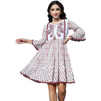 Ishin Women's Above Knee Length Cotton Embroidered Floral White A-Line Dress Inwdr0317_Wh_Xs_White