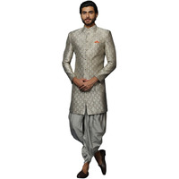 Kisah Mens Sherwani Dhoti Set Silk Blend Jacquard, Indo-Western Ethnic Wear For Men, Grey, 44
