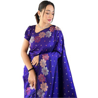 Flosive Women's Woven Kanjivaram Wedding Saree With Blouse And Zari Border (Blue)