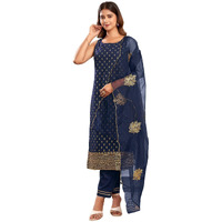 Sanisa Women's Cotton Blend Foil Printed Sequence And Embroidery Work Straight Kurta With Pant And Dupatta Set (190Kbd2021N-L_Navy Blue & Golden)
