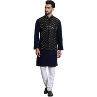 Sojanya (Since 1958 Men's Cotton Seqence Navy Blue Kurta & White Pyjama With Black Nehrujacket