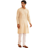 Sojanya (Since 1958 Men's Cotton Gold Sequence Embroidered Beige Kurta With White Churidaar Pyjama
