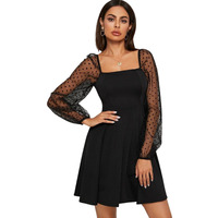 Greciilooks Western Dress For Women || Stretchable Lycra Solid Mini Dress || Polka Dot Long Net Puff Sleeves || Fit & Flared Dress || Short Dresses For Women || Square Neck One Piece (X-Large, Black)