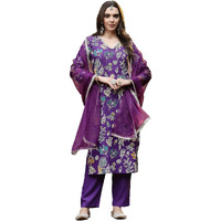 Stylum Women's Floral Printed Rayon Straight Kurta Pant Dupatta Set (Kpdvoilfrance40_Violet, L)