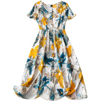 Gufrina Women's V-Neck Short Sleeve Ink Flower Print Dress - Button-Up A-Line Midi Dress (Yellow L)