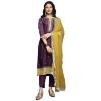 Varanga Women Purple Zari Embroidered Contrast Yoke Kurta With Bottom And Contrast Dupatta