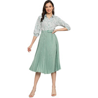 Kzully Women's Print 3/4 Sleeve Pleated Midi Dress With Belt Pista