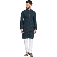 Sojanya (Since 1958 Men's Cotton Gold Embroidered Sequinned Teal Kurta With White Churidar Pyjama