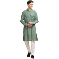 Be Active Men's Traditional Embroidered Lucknowi Design Full Sleeves Kurta || Cotton Kurta For Men || Men Kurta For Wedding || Kurta For Men (Sk0800 1 M) Green