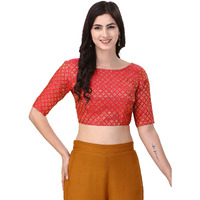 Oomph! Women's Indian Ethnic Wear Designer Square Leaf Pattern Boat Neck Half Sleeve Brocade Red Blouse For Saree Or Lehnga And Blousepalazzos Or Skirts For A Fusion Twist.