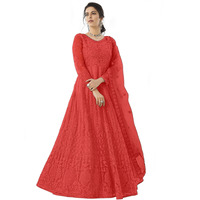 Patlani Women Long Red Gown, Net With Ultra Satin Inner Ethnic Flared Gown For Girl's/Women's Semi Stitched Gown (Red)