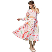 Oomph! Women's Western & Fusion Wear Printed Crepe Dress For Women, One Shoulder, White - Md1080