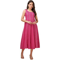 Purvaja Womens Round Neck Flared Cotton Blend Dress (Floe-043-Xxl_Pink)