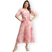 Preneum Women's Maxi Fit & Flare Latest Style Print Georgette Regular Sleeves Casual Summer Maxi Dress || Festival & Occasion, Rose Pink, M