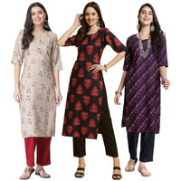 Pinkmint Women's Crepe Printed Kurta Pant Straight Kurta Set For Women(Pack Of 3)