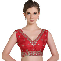 Pujia Mills Women's Indian Ethnic Wear Designer Golden Zari With Embroidery Sequence Work V Neck Sleeveless Readymadeback Side Worked Saree Blouse Readymade Red Blouse Lehenga Choli