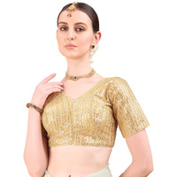 Pujia Mills Women's Indian Ethnic Wear Designer Silver Sequence With Matching Embroidered Work V Neck Half Sleeve Readymade Padded Saree Blouse Readymade Unique Gold Color Saree Blouse