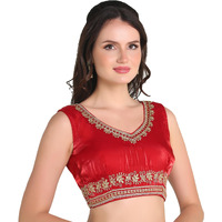 Pujia Mills Women's Heavy Milan Silk Fancy Sleeveless Regular Blouse (Pm B Rashi Red 32