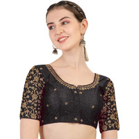 Pujia Mills Women's Phantom Silk Flowerhalf Sleeve Saree Blouse (Flowerr Blouse_Black_38 Size+Margin)