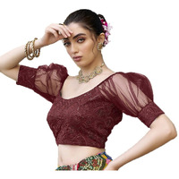 Pujia Mills Womens Net Fabrics Round Neck Puff Sleeve Blouse (Maroon, 34)
