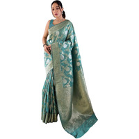 Satrani Women's Silk Blend Banarasi Jacquard Saree With Unstitched Blouse Piece (3834S414N_Turquoise)