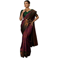 Satrani Women's Silk Blend Weaving Banarasi Saree With Unstitched Blouse Piece (4121S2915N_Wine & Dark Green & Golden)