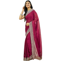 Satrani Women's Georgette Embroidery Stone Work Saree With Unstitched Blouse Piece (4023S622N_Burgundy)