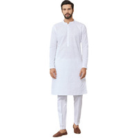 See Designs Men's Long Sleeve Mandarin Collar Side Slit White Embroidered Chikankari Pure Cotton Straight Kurta - Sdkt2560Xs