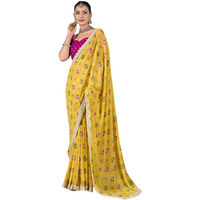 Satrani Women's Georgette Bandhani Printed & Embroidery And Sequins Work Border Saree With Unstitched Blouse Piece (4165S915N_Yellow)