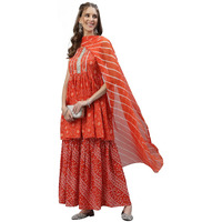 Stylum Women's Bandhej Printed Cotton Flared Short Kurta Sharara Dupatta Set (Orangeaudi42_Orange, Xl)