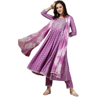 Stylum Women's Bandhej Printed Rayon Flared Kurta Pant Dupatta Set (Kpdpurplealia36_Purple, S)