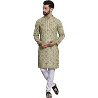 Sojanya (Since 1958 Men's Cotton Blend Pista Green Kurta And White Churidar Pyjama