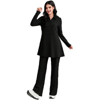 Tadkee Women's Solid Color Two-Piece Set | Long Sleeve Top & Wide Leg Pants Co-Ord Set | Casual Wear Co Ord Set (Fn-Full-Sleeve-Cord-125-Black-L)