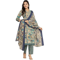 Varanga Women Blue V Neck Abstract Printed Kurta Paired With Bottom And Dupatta