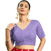 Vihu Fashion Women's Indian Ethnic Wear Designer Silver Sequence With Matching Embroidered Work V Neck Half Sleeve Readymade Padded Saree Blouse Readymade Unique Levender Color Saree Blouse