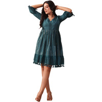 Ishin Women's Pure Cotton Embellished Teal Fit And Flare Indo Western Dress