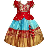 White Button New South Indian Traditional Pattu Pavadai Jecquard Lehenga Choli For Girls Dress (6-7 Years, Red Turqouise)