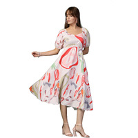 Oomph! Flared Dress For Women Stylish | Long One Piece For Women | Puff Sleeve Long Dress | Floral Print Maxi One Piece | Western & Fusion Wear Off White