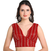 Pujia Mills Women's Indian Ethnic Wear Sabyasachi Sequence With Dhaga Embroidered Zari Work Sweetheart Neck Blouse Sleeveless Readymade Padded Saree Back Open String Pattern Blouse