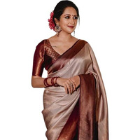 Flosive Women's Present Banarasi Soft Lichi Silk Saree Beautiful Jacquard Rich Pallu Design Work Zari Woven Kanjivaram Silk Style Saree With Soft Lichi Silk Blouse Piece Ayn Royal Cream & Coffee.