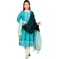 Aarika Girls Ethnic Wear Sea Green-Off White Colour Foil Print Rayon Kurti Pant Set-8-15 Years (Kp-Sd-5889)