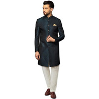 Kisah Men's Indo-Western Sherwani Churidar Set, Navy Blue Cotton, Jacquard Regular Fit Mandarin Collar Long Sleeves (36)