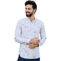 See Designs Men's Roll-Up Sleeve Mandarin Collar Blue-Pink Tropical Printed Rayon Short Kurta - Sdkt2933M