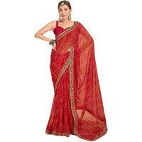 Shiv Textiles Women's Georgette Bandhani Printed & Lace Border Saree(Sat-534S-Red)